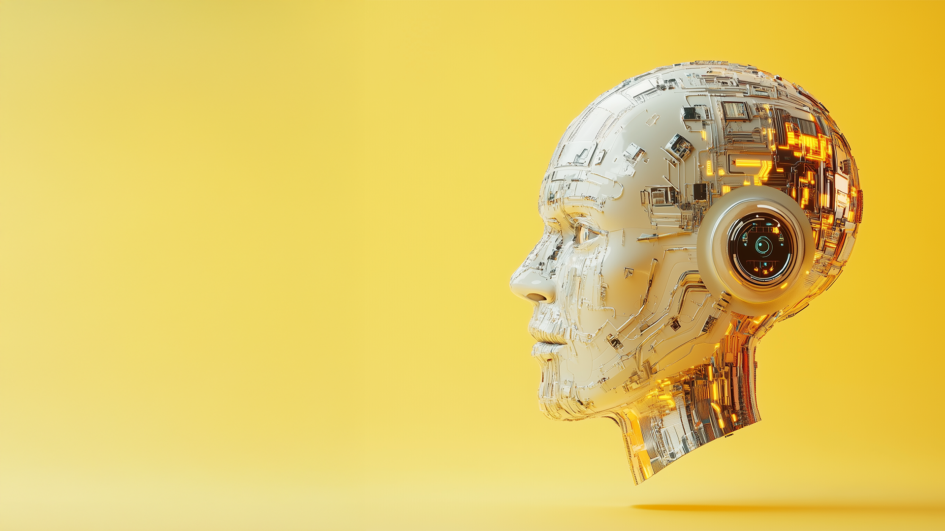 A futuristic robotic head with exposed circuits and glowing orange lights is shown in profile against a bright yellow background. The robot has a circular electronic device embedded in its ear area.