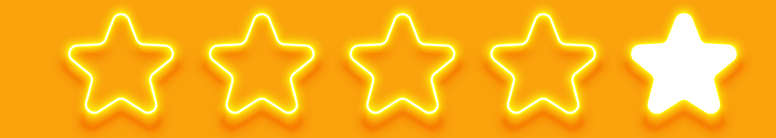A row of five neon yellow stars on an orange background, with the fifth star glowing white to indicate a four out of five rating.