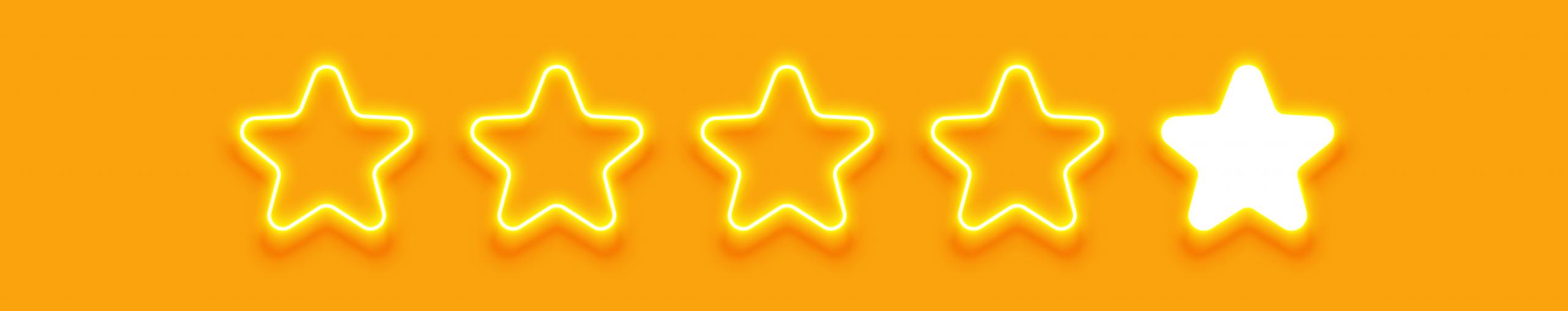 A row of five glowing yellow stars on an orange background, with the first four stars outlined and the fifth star filled in solid white, representing a four out of five rating.