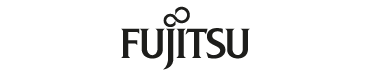The image shows the Fujitsu logo, which consists of the word "Fujitsu" in a stylized font. Above the letters "j" and "i" is a horizontal infinity symbol. The text and symbol are in black.