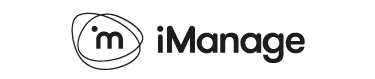 Logo of iManage. The design consists of the letters "i" and "m" enclosed in abstract, intersecting circular shapes, followed by the word "iManage" in a modern, sans-serif font. The image is presented in black and white.