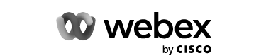 A logo featuring the Webex icon, which consists of two interlinked and curved lines forming a loop, followed by the bold text "webex" in lowercase. Below it, there is smaller text that reads "by Cisco.