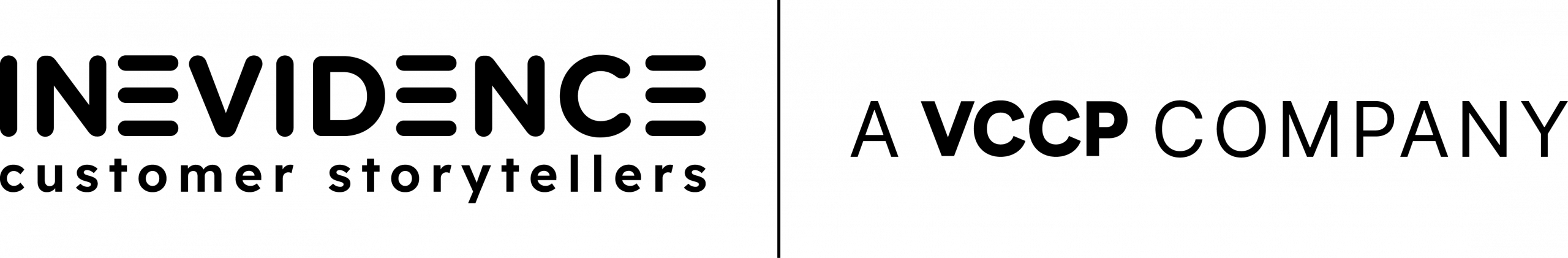 Black text on a white background reads "INEVIDENCE customer storytellers" on the left and "A VCCP COMPANY" on the right. The INEVIDENCE logo uses a distinctive, rounded font with some letters partially segmented.